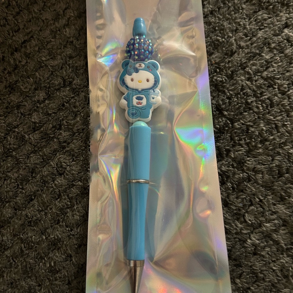 Hand Crafted Cute Blue hello kitty dressed as care bear Pen